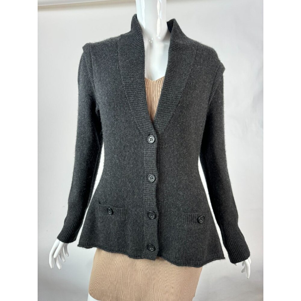 Magaschoni Cashmere Button Front Cardigan With Peplum Hem & Puff Sleeves - Gray
